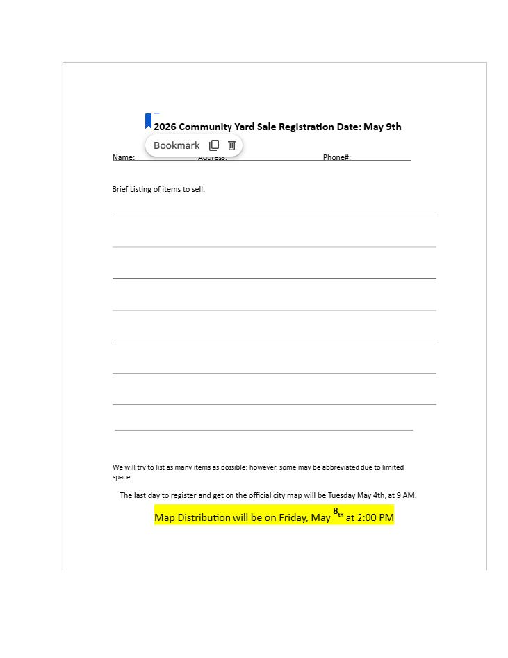 Registration forms for May 9, 2026 yard sale are available.